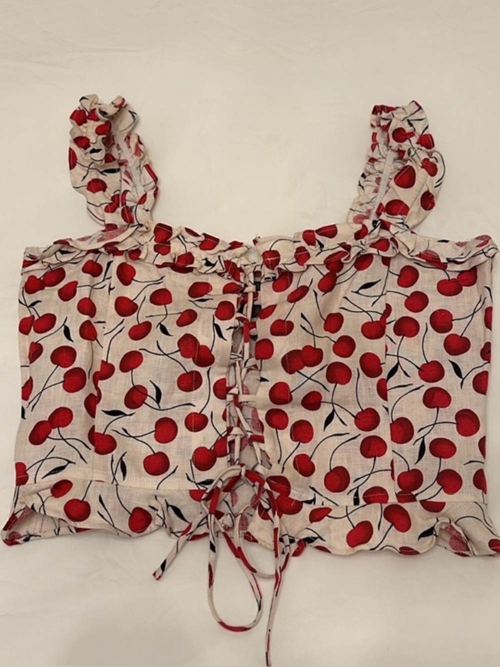 Reformation cream cherry- print ruched crop top